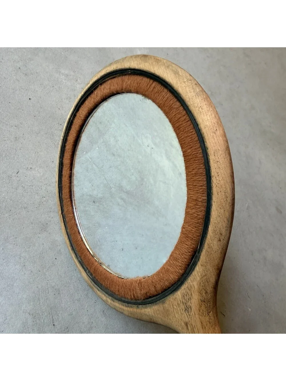 Vintage Wooden Hand Mirror with Brown Yarn Trim